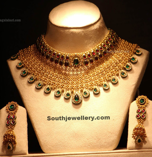 Heavy Bridal Necklace with Rubies and Emeralds