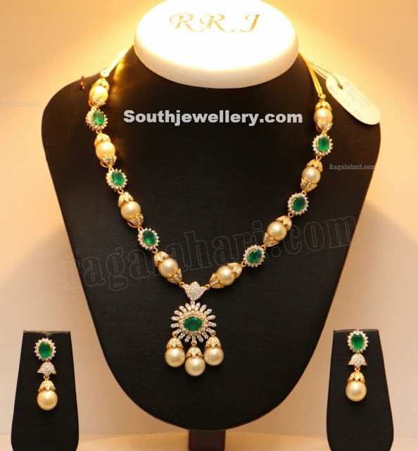 South Sea Pearls and Emerald Necklace - Indian Jewellery Designs