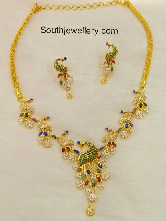 CZ Stones Peacock Necklace Set - Jewellery Designs