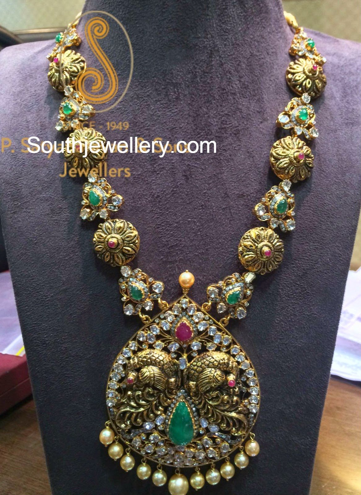 Antique Polki Necklace with Peacock Pendant - Indian Jewellery Designs