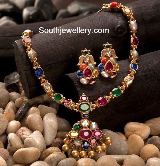 Navratan / Multicolored Jadau Necklace Set in Gold Plated Silver NS 08 –  Deccan Jewelry