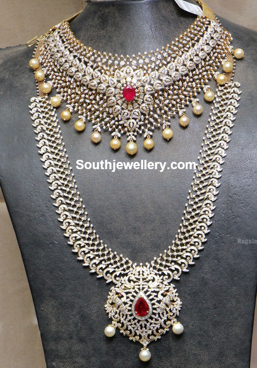 Diamond Necklace and Haram Set - Indian Jewellery Designs