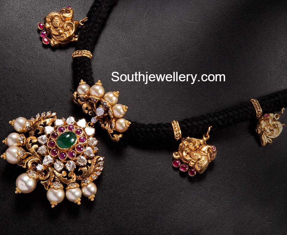 Black Dori Necklace with Polki Pendant Jewellery Designs