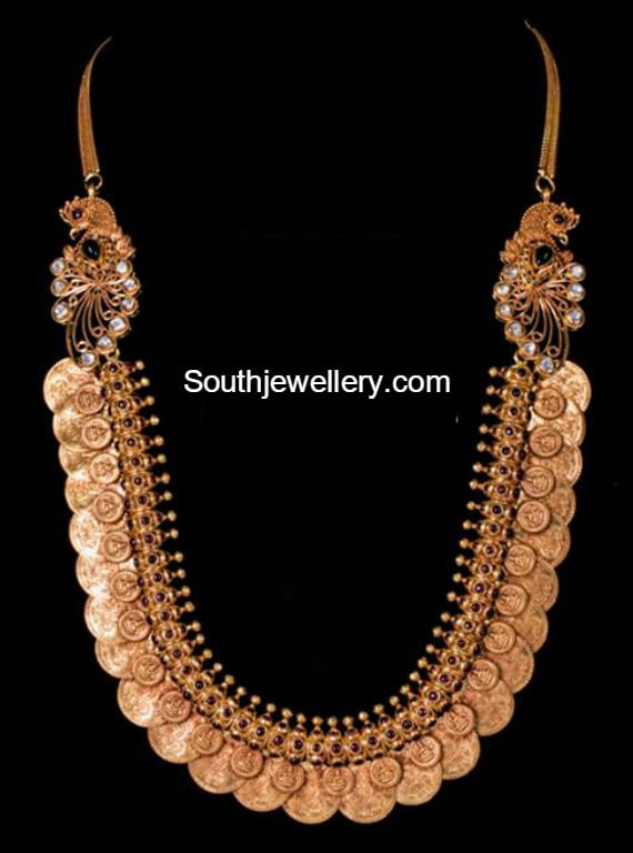 Antique Lakshmi Kasu Haram with Peacock Side Pendants - Jewellery Designs