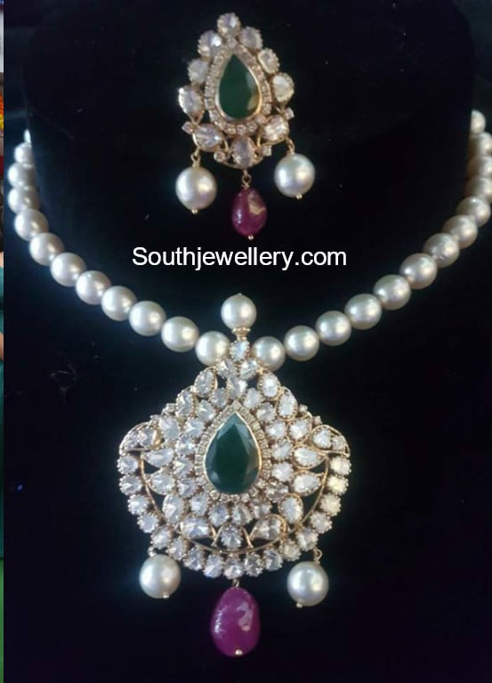 South Sea Pearl Necklace With Flat Diamond Pendant Jewellery Designs