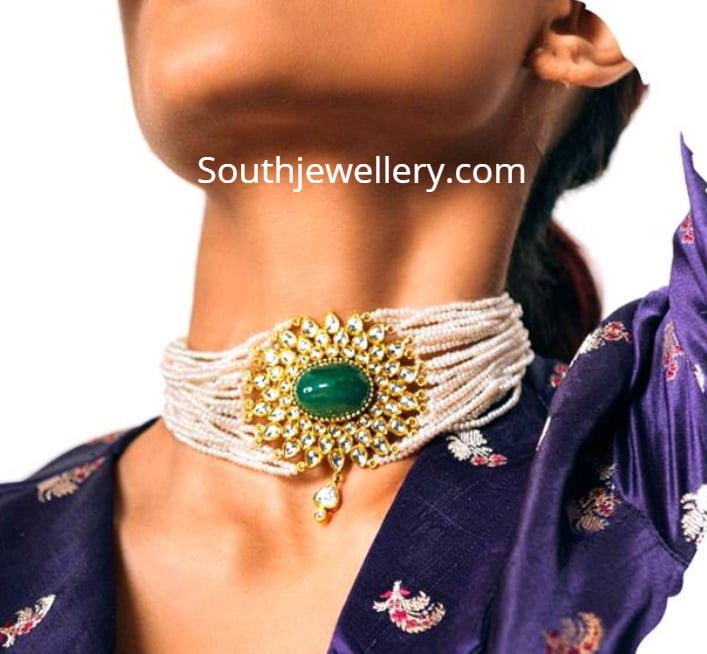 Multi strand pearl choker with pendant Indian Jewellery Designs