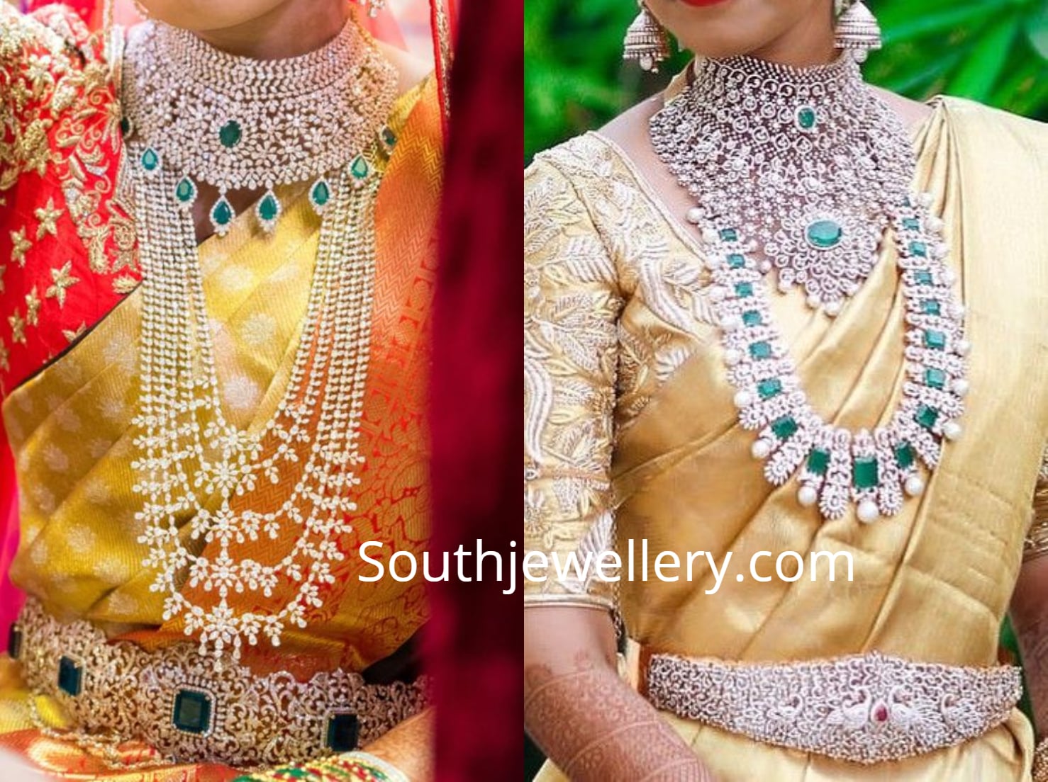 Brides in beautiful diamond emerald jewellery sets Indian Jewellery