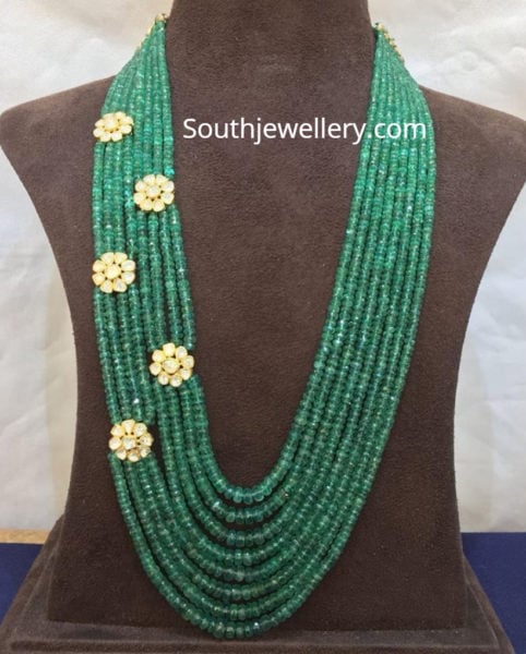 emerald beads mala with brooches 