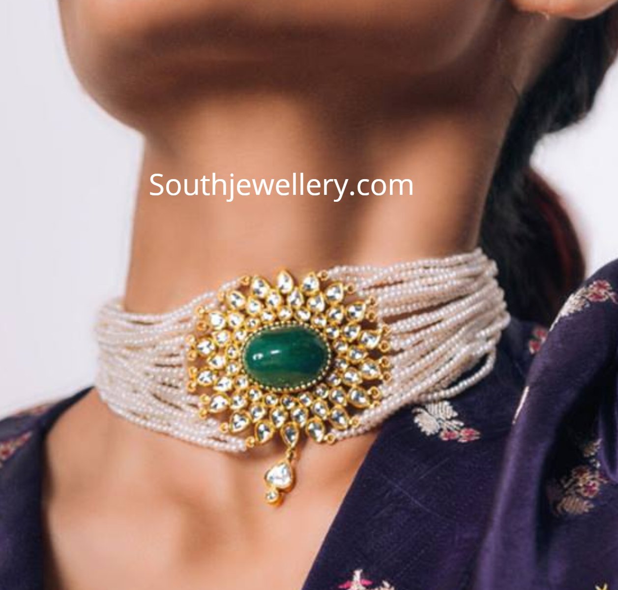 Multi strand pearl choker with kundan pendant Indian Jewellery Designs
