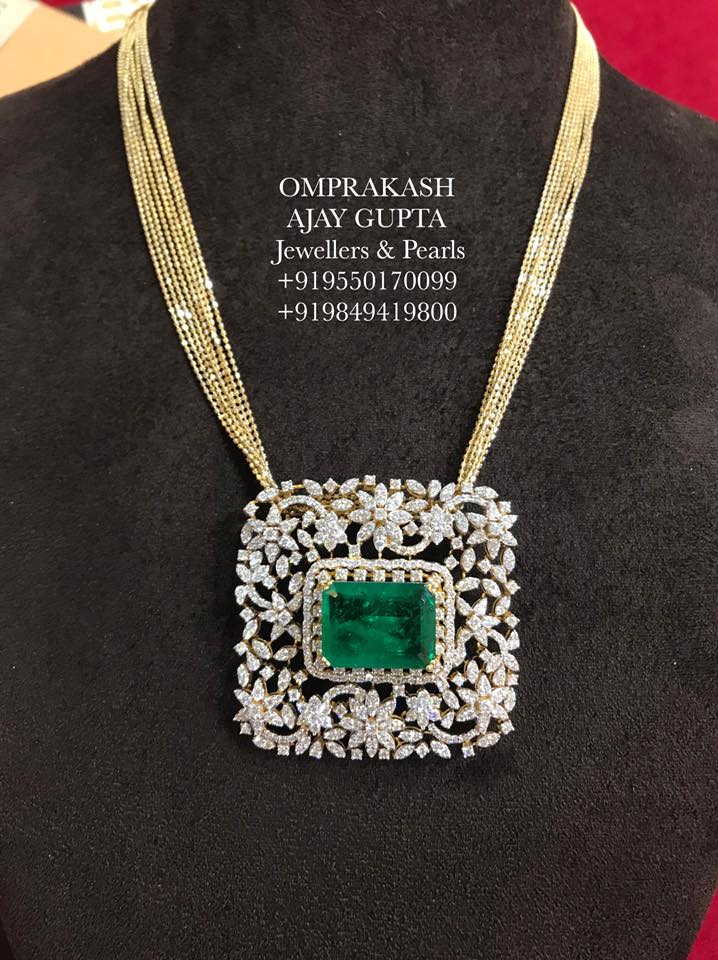 Fancy Italian gold chain with diamond emerald pendant - Indian