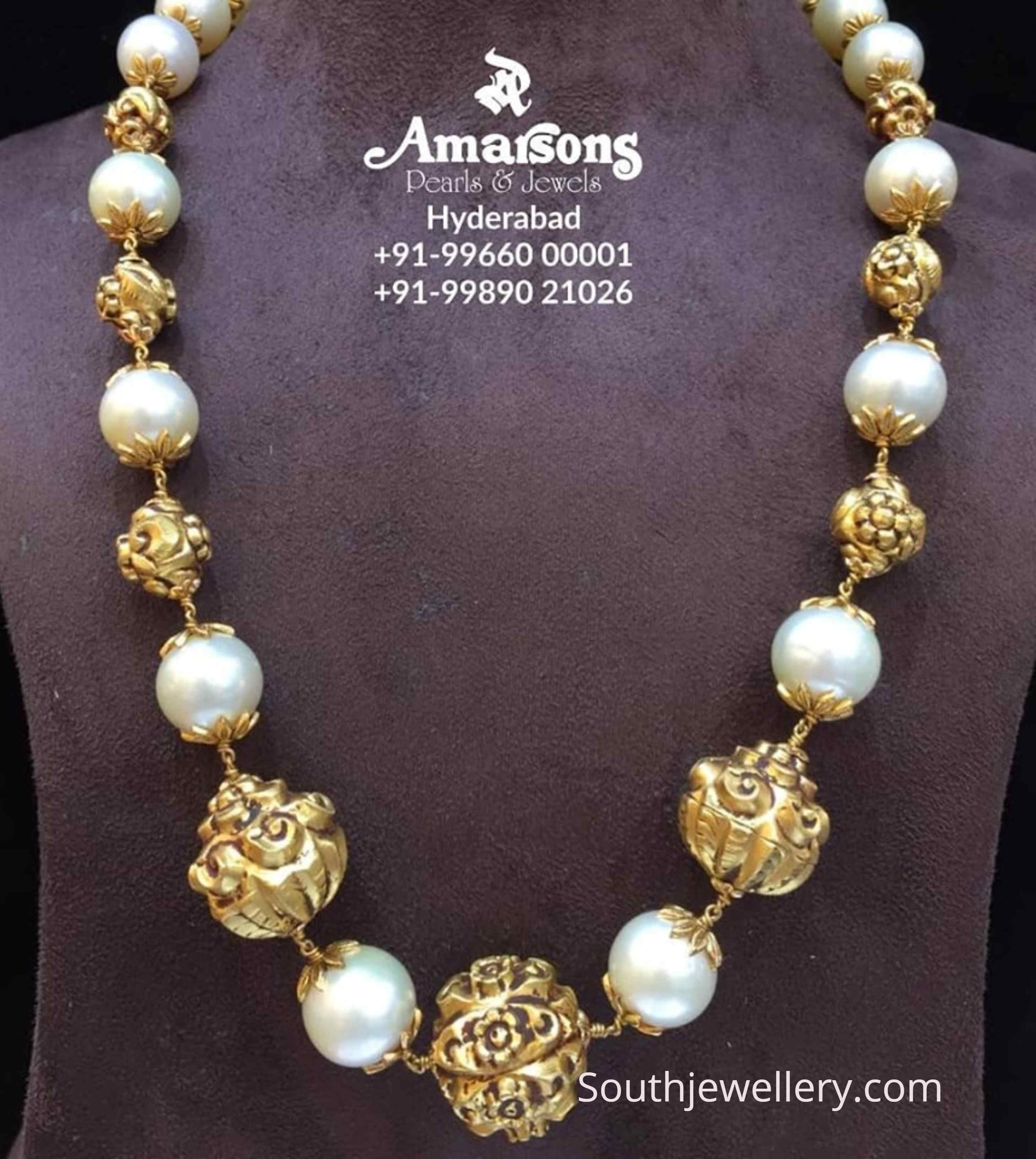 Gold nakshi balls and pearl necklace - Indian Jewellery Designs