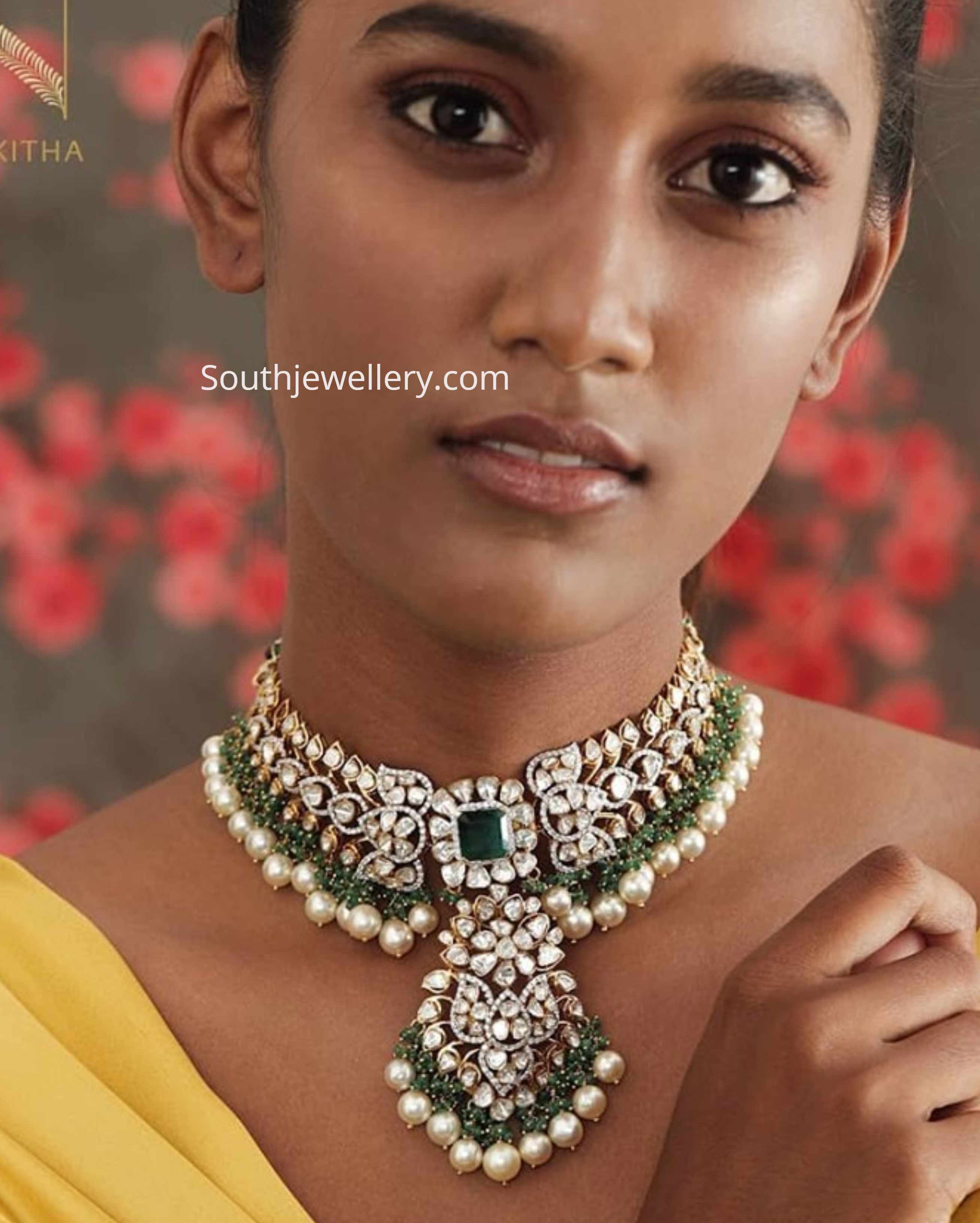 Polki diamond and emerald necklace - Indian Jewellery Designs