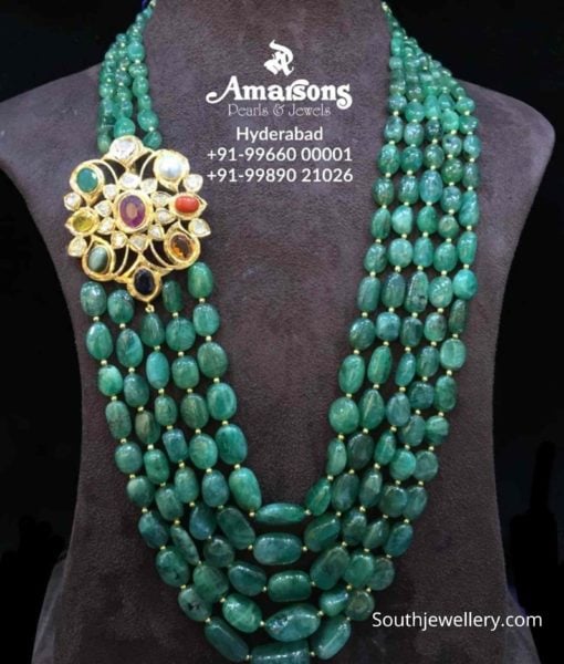 emerald beads haram with navrathan pendant