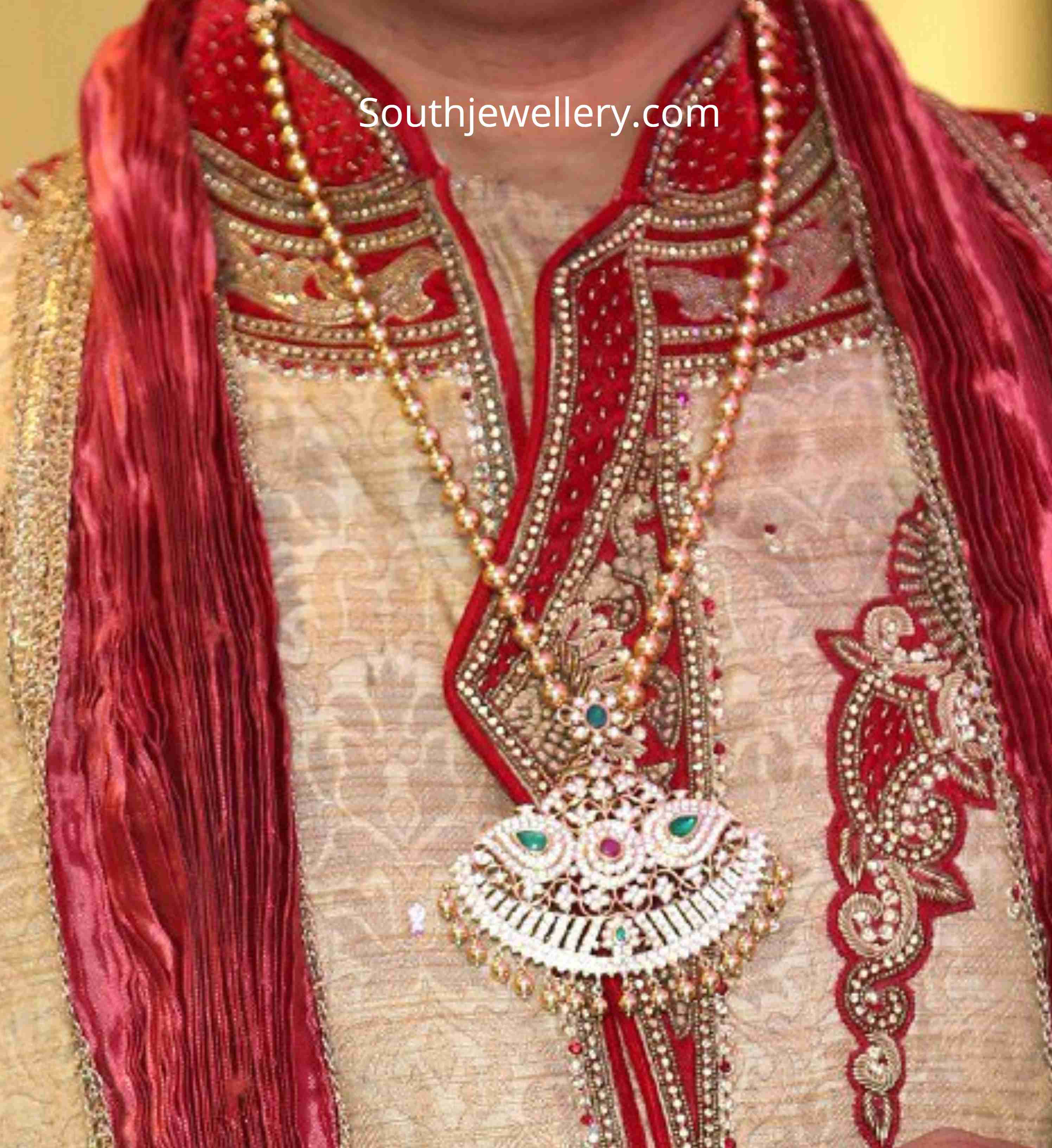 Gold balls long chain with diamond pendant Indian Jewellery Designs