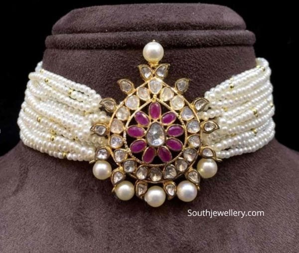 Multi string pearls choker with polki pendant Indian Jewellery Designs