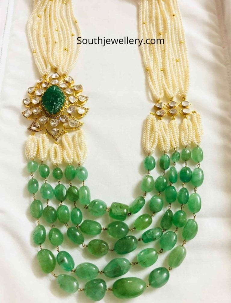 Multi strand emerald beads and pearls necklace Indian Jewellery Designs