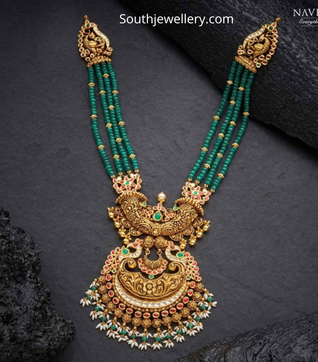 Emerald beads necklace with peacock nakshi pendant Indian Jewellery