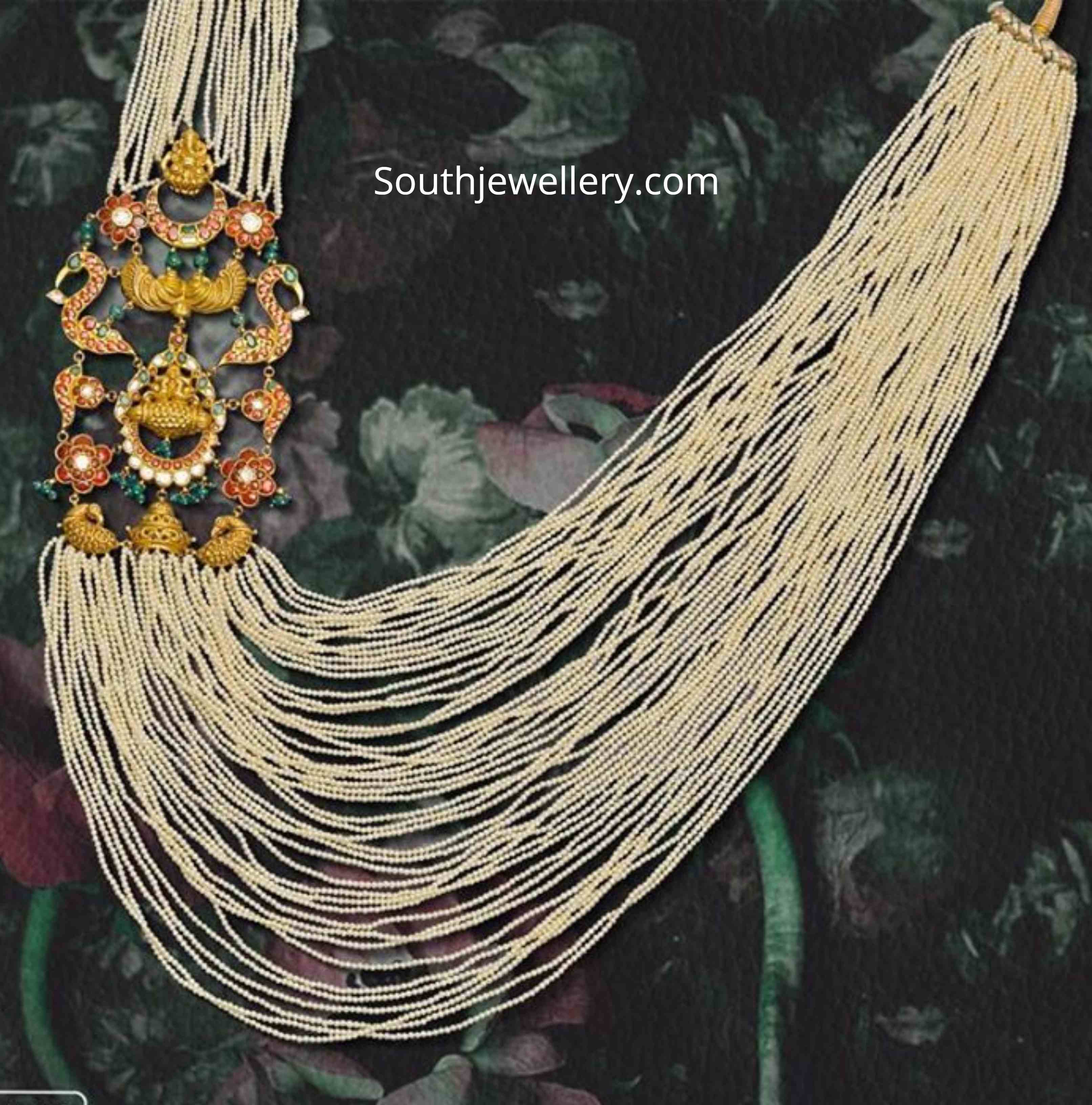 Multi strand small pearls necklace with kundan side pendant