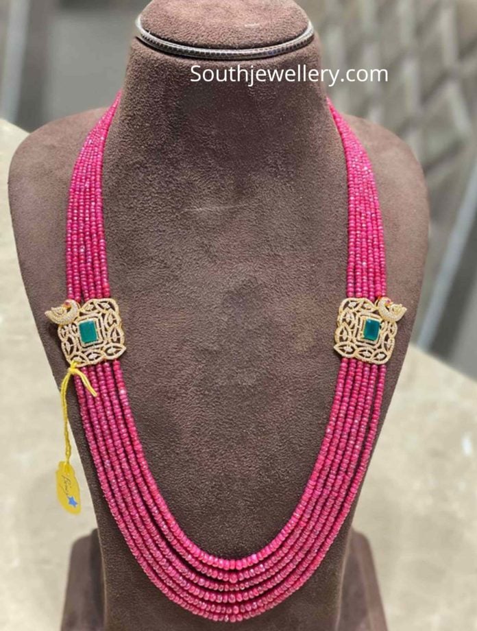 Light weight ruby beads long necklace with side pendants