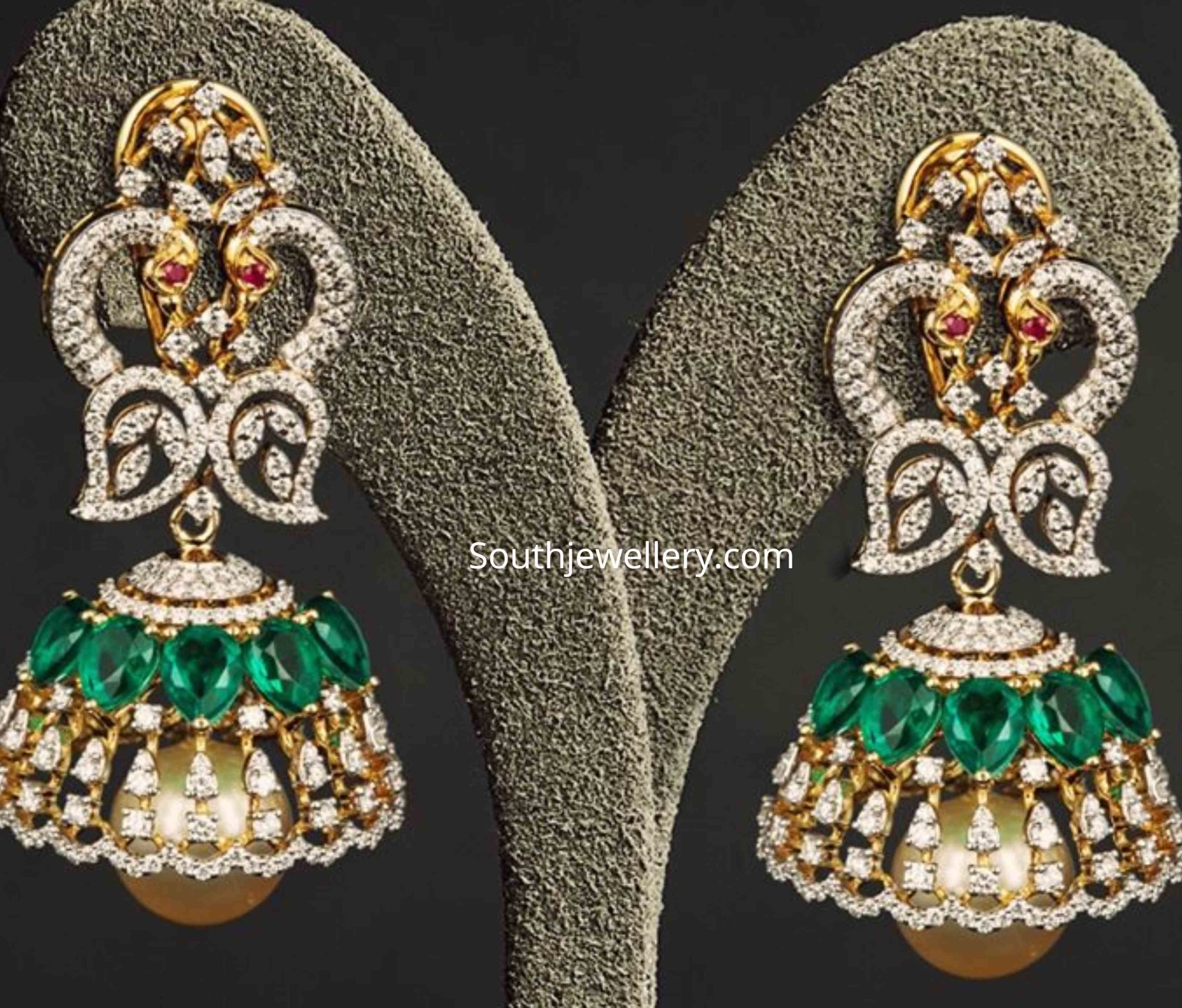 Peacock diamond emerald jhumkas - Indian Jewellery Designs