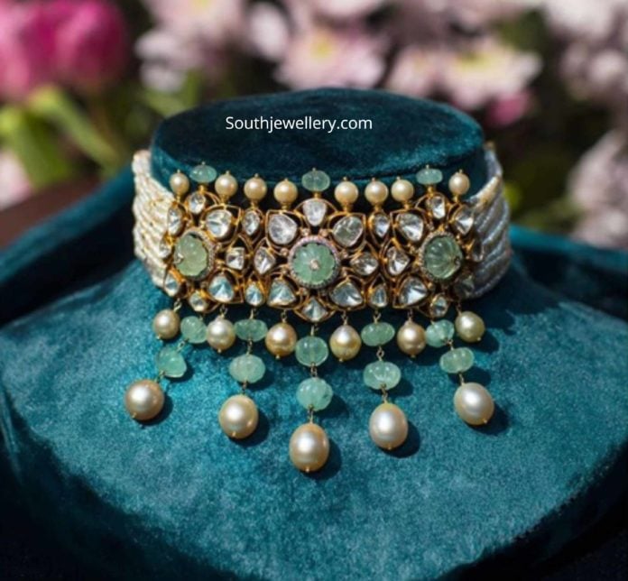 pearl choker with polki pendant