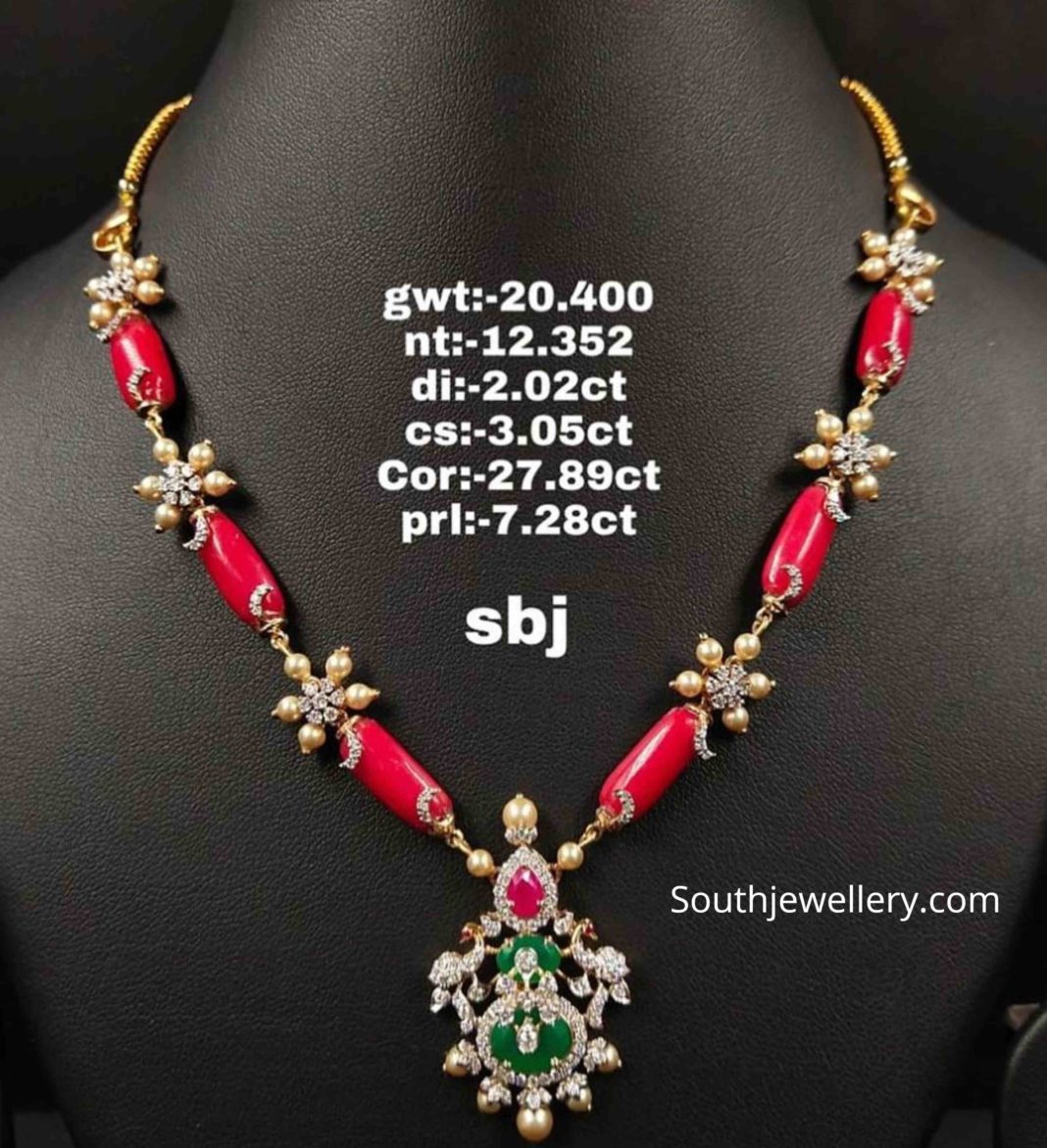 Coral beads and diamond necklace Indian Jewellery Designs