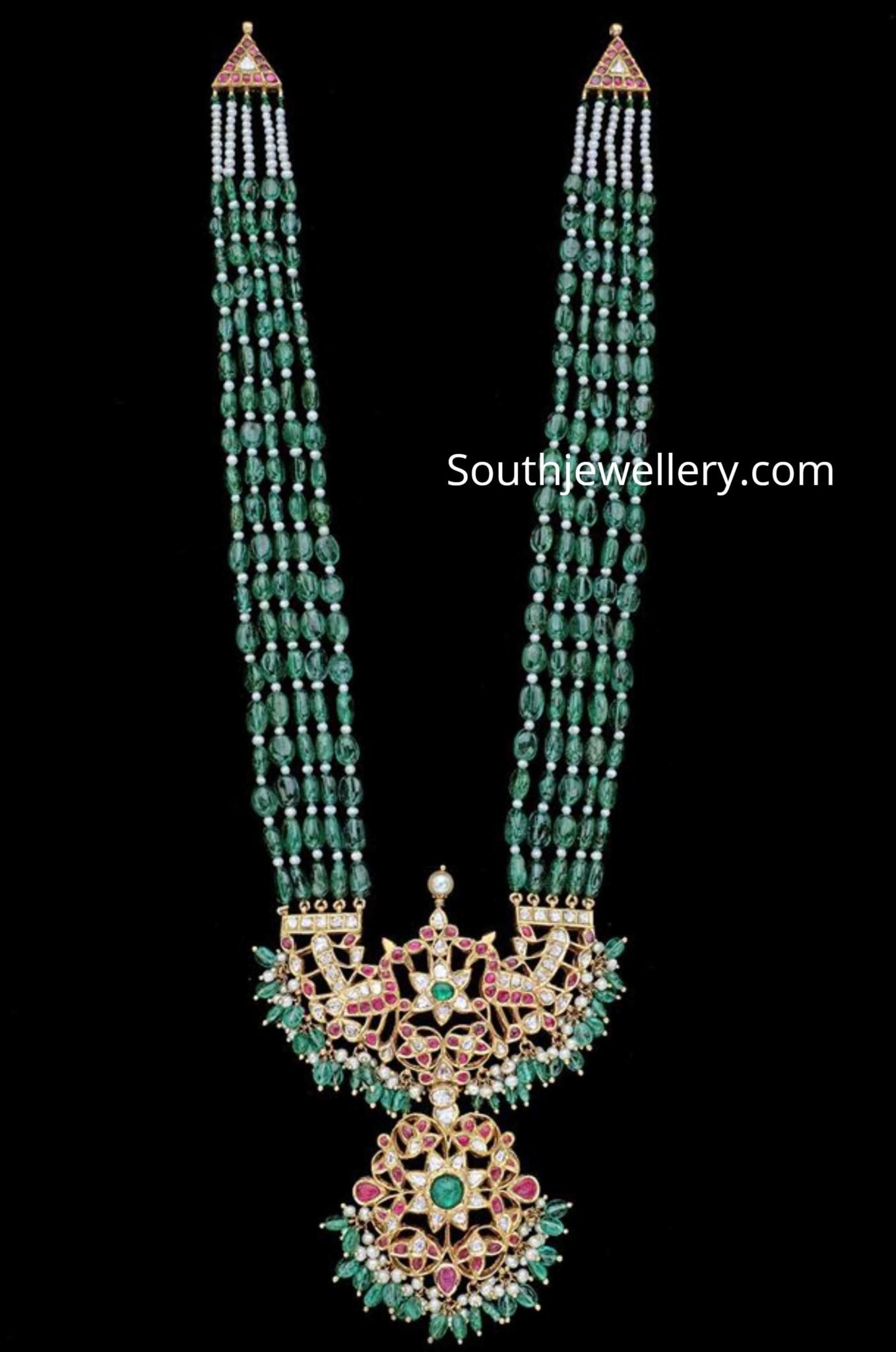 Emerald beads long haram with kundan pendant