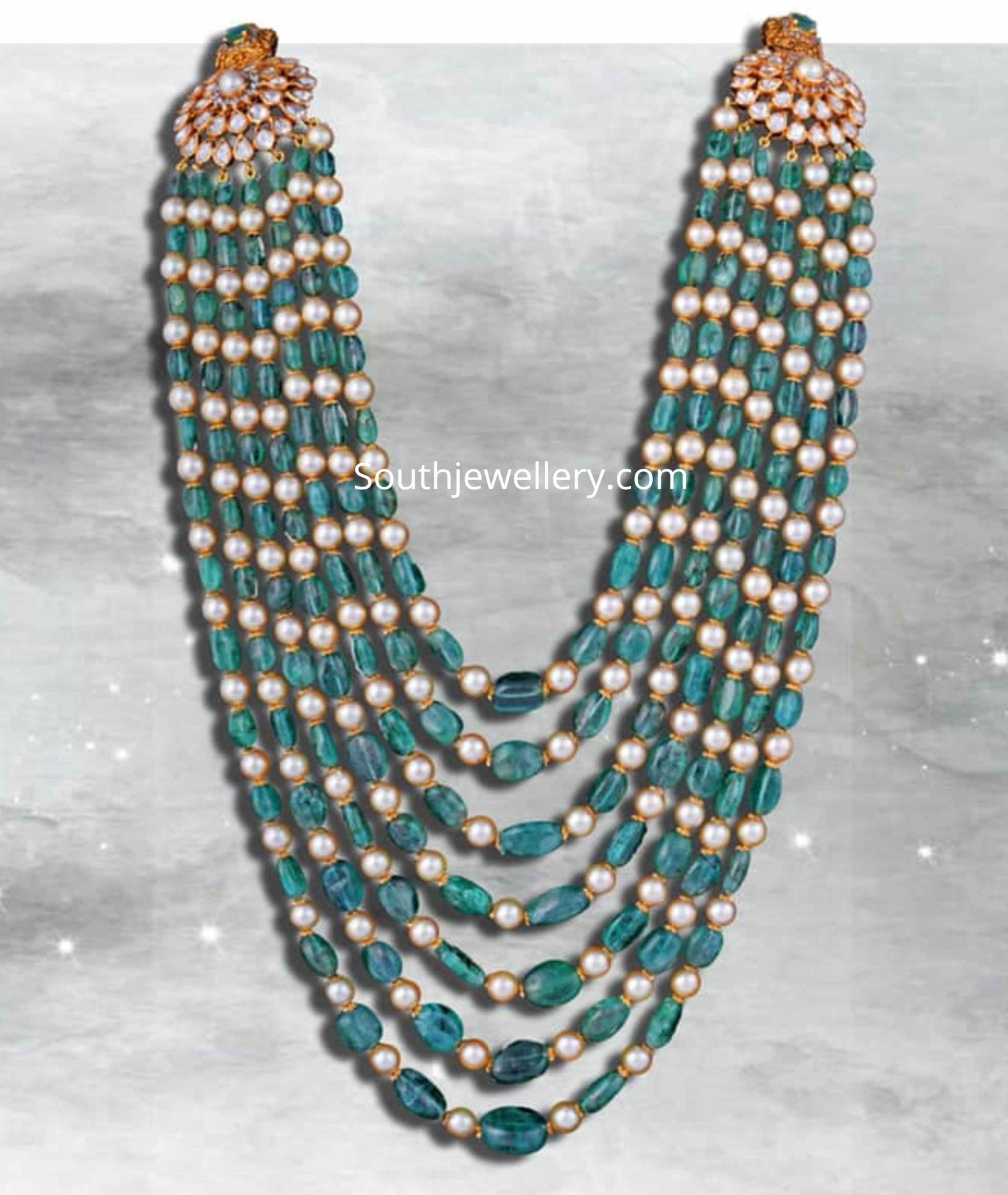 Multi Layered emerald beads and pearls mala - Indian Jewellery Designs