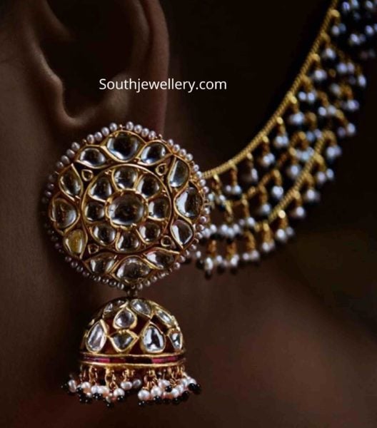 polki jhumkas with pearl ear chains