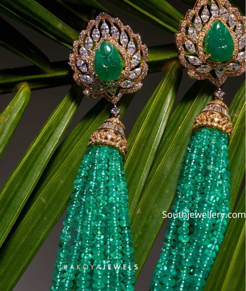 Diamond emerald tassel earrings Indian Jewellery Designs