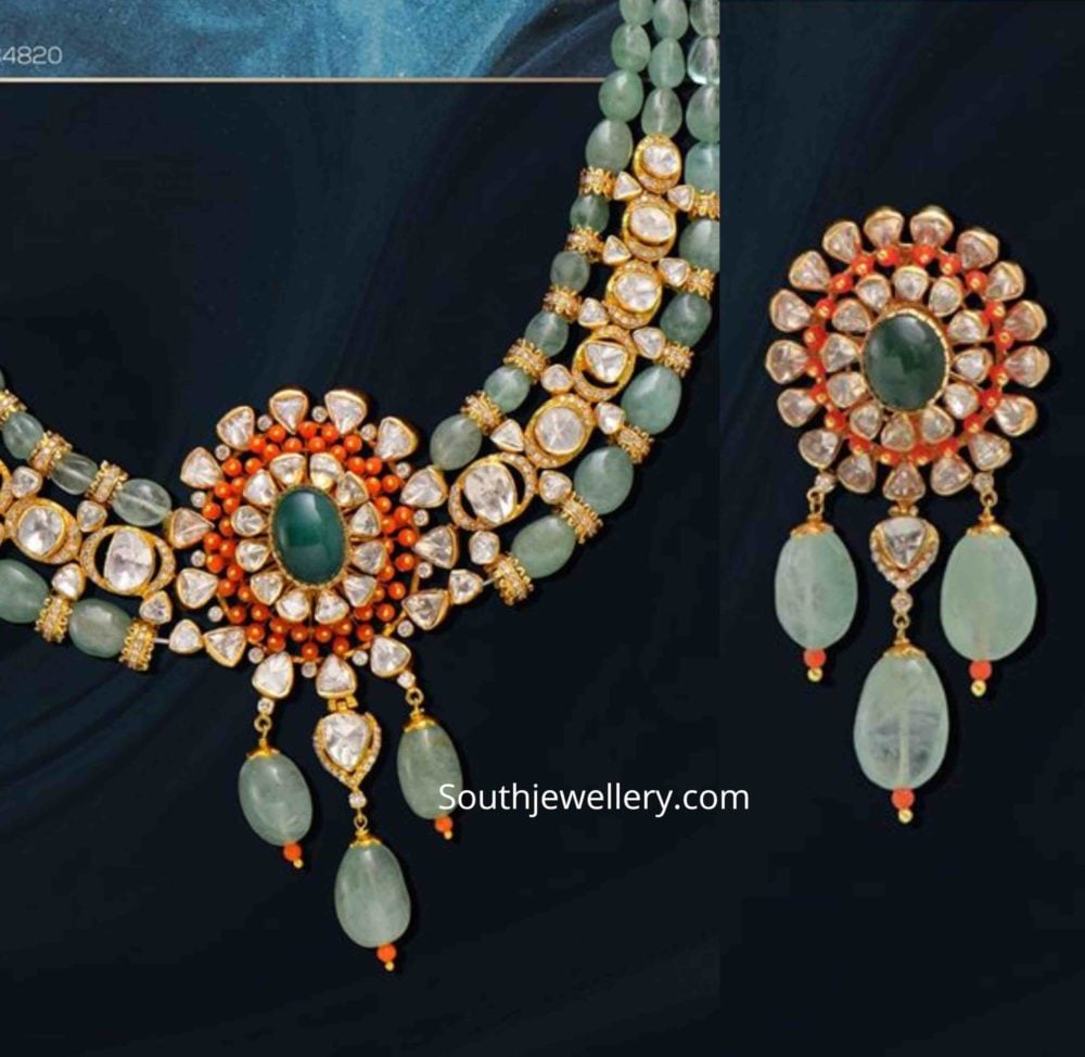 Flat diamonds and emerald beads necklace set Indian Jewellery Designs