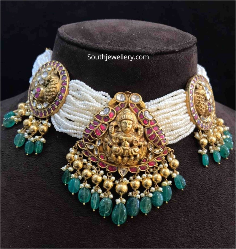 Multi strand pearl choker with gold pendants Indian Jewellery Designs