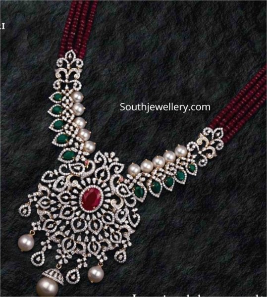 Ruby beads necklace with diamond pendant - Indian Jewellery Designs