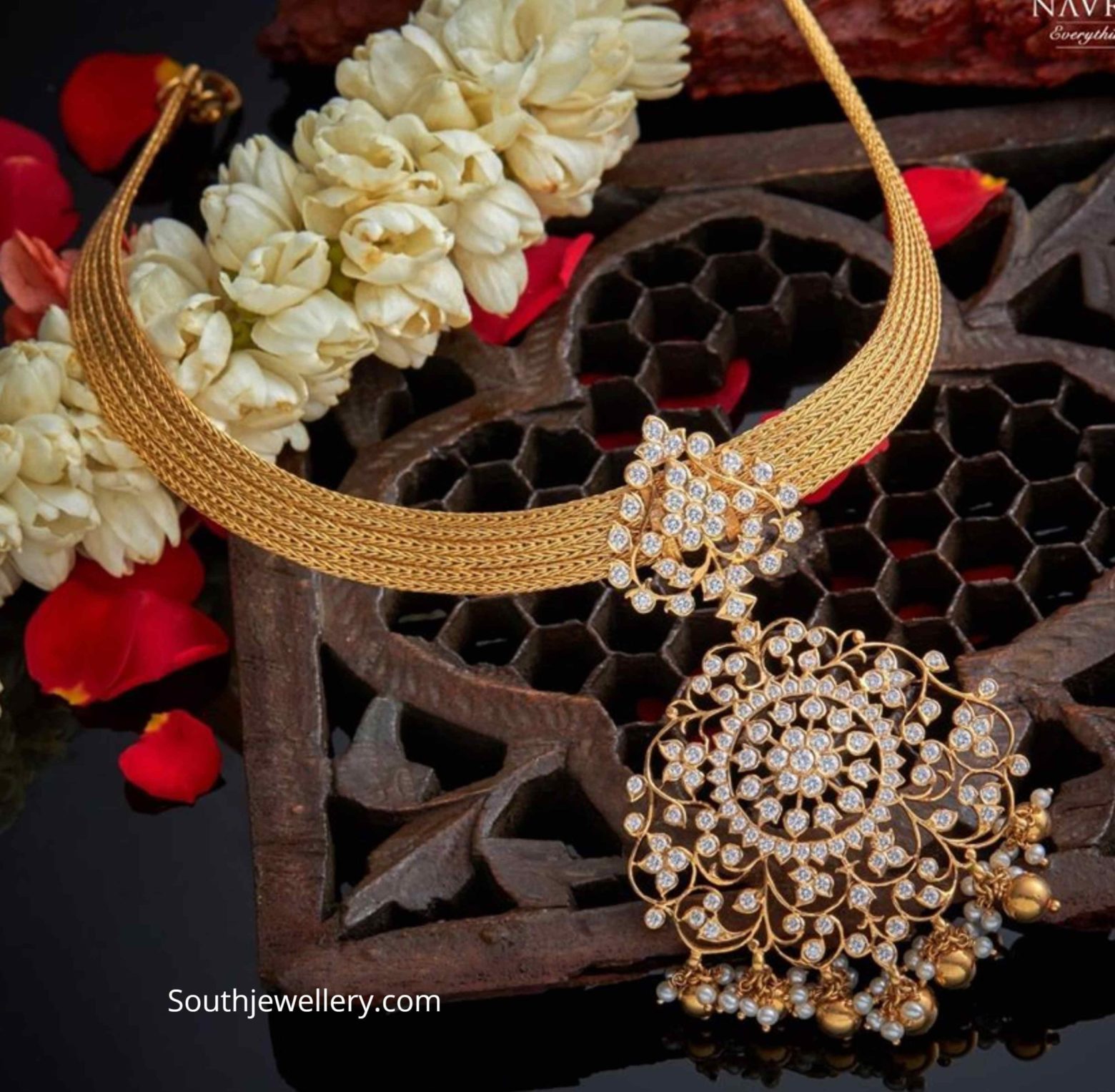 Gold mesh choker with diamond pendant Indian Jewellery Designs