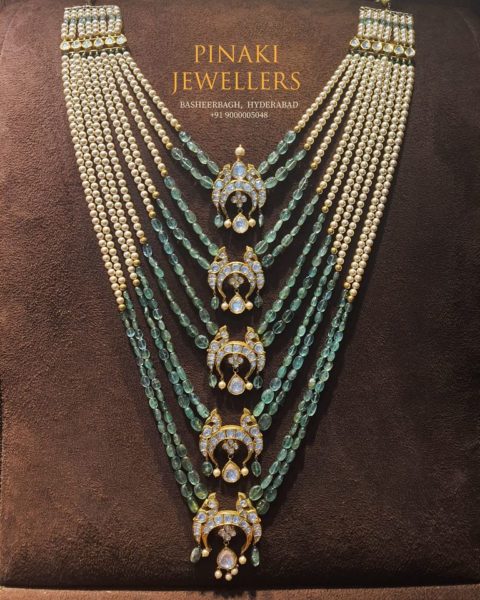 layered pearl and emerald beads satlada necklace