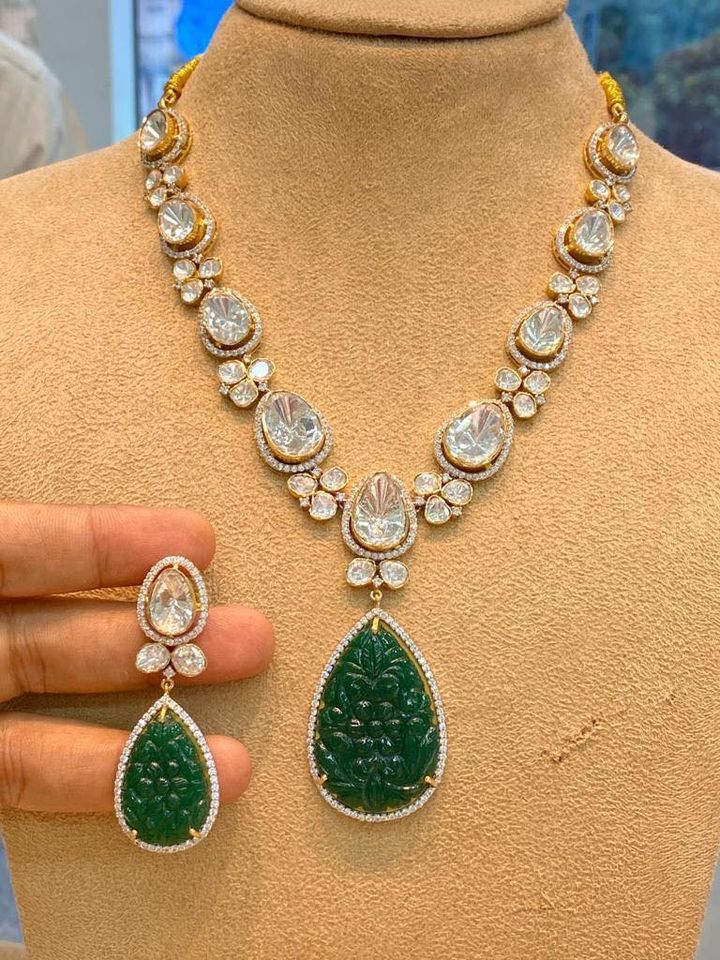 CZ Necklace with carved emerald pendant - Indian Jewellery Designs
