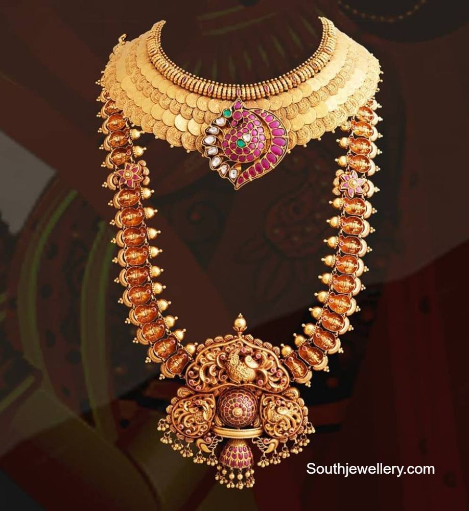Layered kasu necklace and Ganesh long haram Indian Jewellery Designs