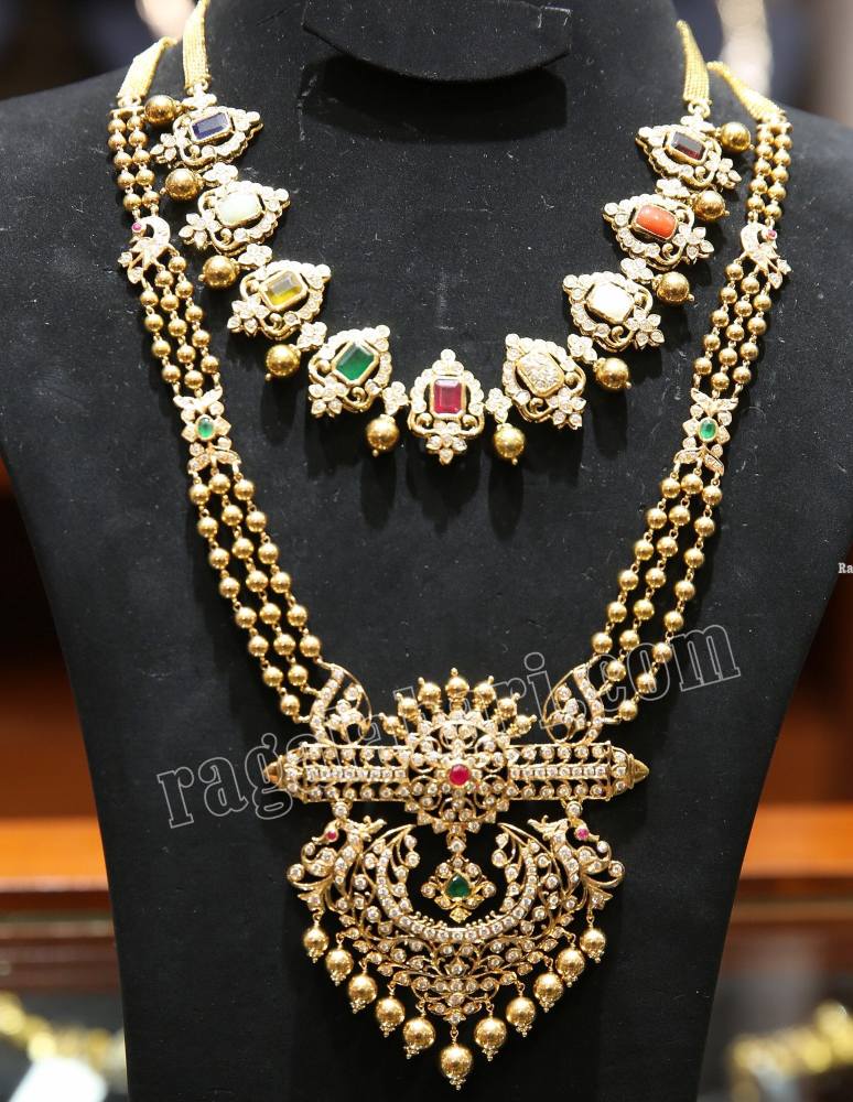 Navrathan necklace and gold balls necklace with diamond pendant