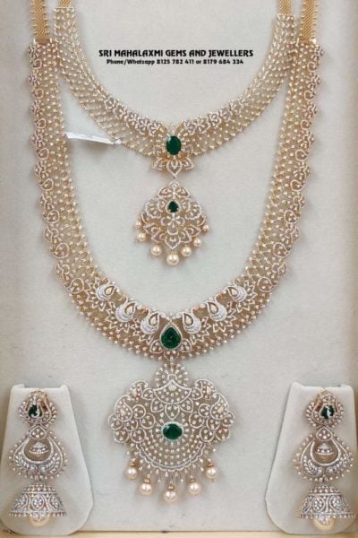 Diamond necklace, haram and jhumkas set - Indian Jewellery Designs