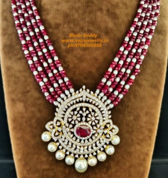 ruby beads and pearl haram with diamond pendant