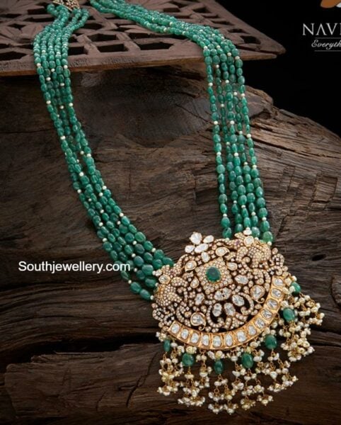 emerald beads haram with diamond pendant