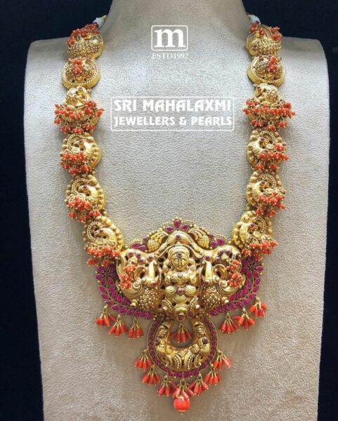 kundan peacock necklacepeacock haram with coral beads