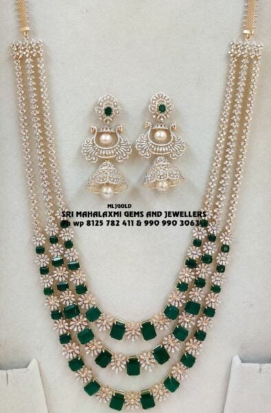 layered diamond emerald haram and jhumkas