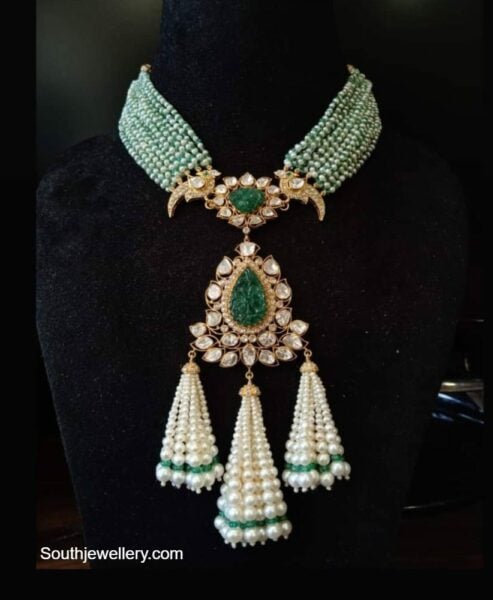 multi strand pearl necklace with polki pendant