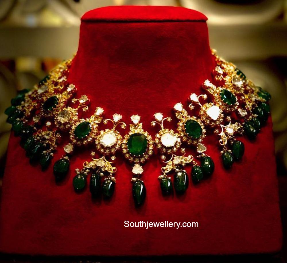 Green and Gold Finish Necklace Set In Polki With Emerald Accents main image 0