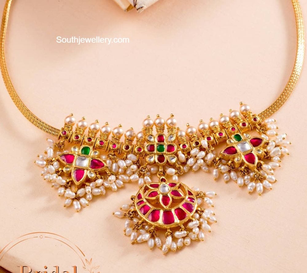 Trendy Ruby Studded Floral Copper Necklace Set with Pearls Drops - South  India Jewels