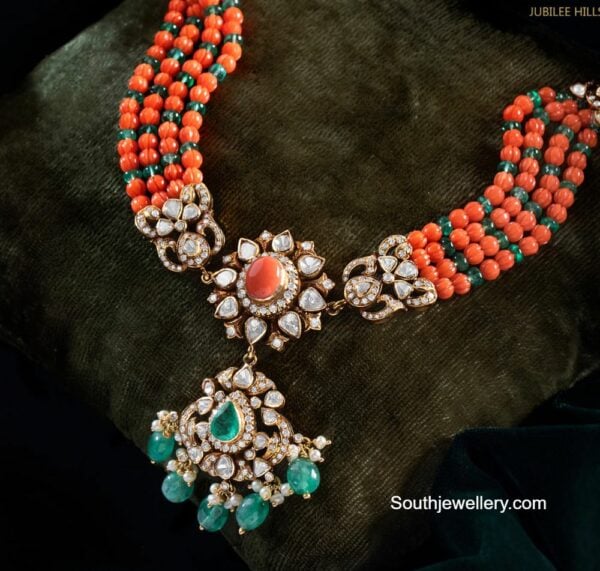 coral beads necklace with polki pendant