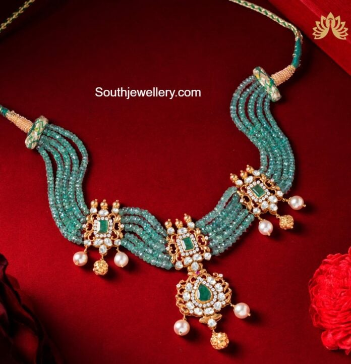 Emerald beads necklace with polki pendant Indian Jewellery Designs