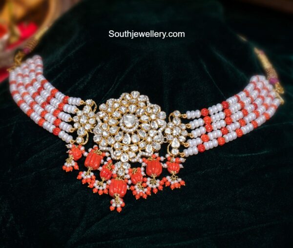 pearl and coral beads choker with polki pendant
