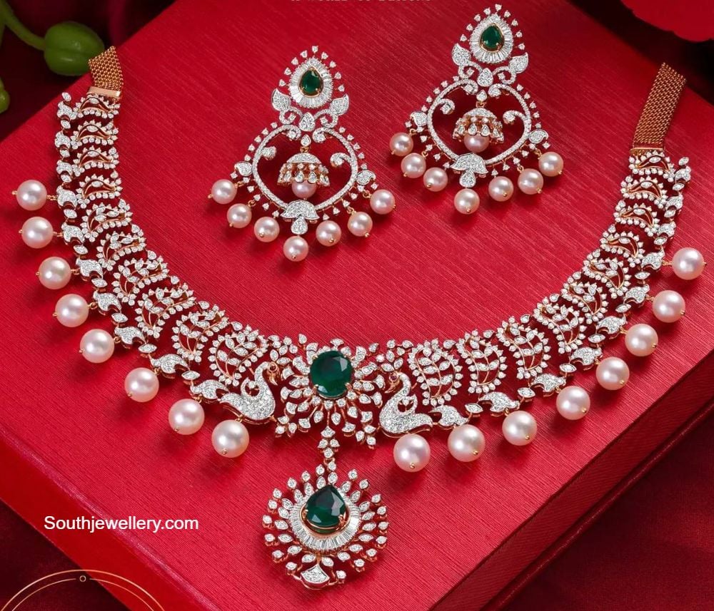 Diamond emerald necklace and chandbalis Indian Jewellery Designs